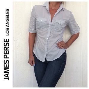 JAMES PERSE CHAMBRAY PALE BLUE COTTON KNIT SHIRT